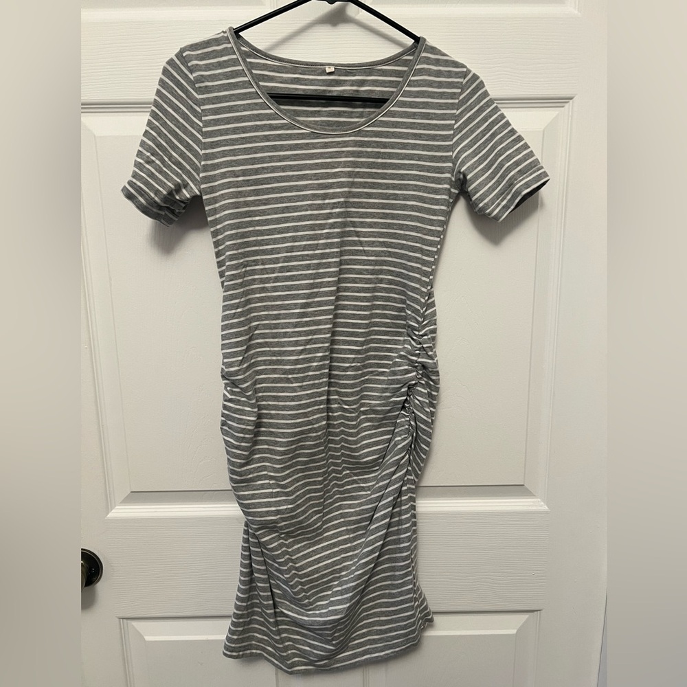 Gray Striped Women's Ruched MaternityDress